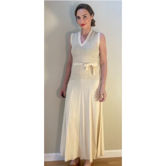 Gino Paoli 1960s Cream & Gold Knit Two-Piece Set Pleat Skirt + Top Mint Vintage - Picture 2 of 15
